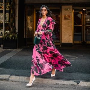 NWT Carolina Herrera Sz 2 Ruffled Floral Print Silk Chiffon Midi Dress